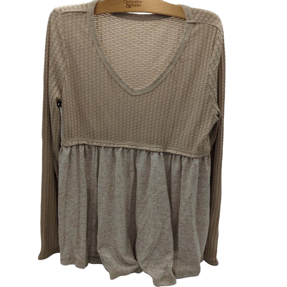 Source Unknown XL Beige Tan Waffle Babydoll Blouse, Long Sleeve